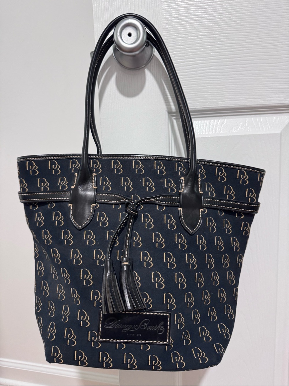 Dooney & Bourke Navy & Tan DB Signature Tote with Tassel